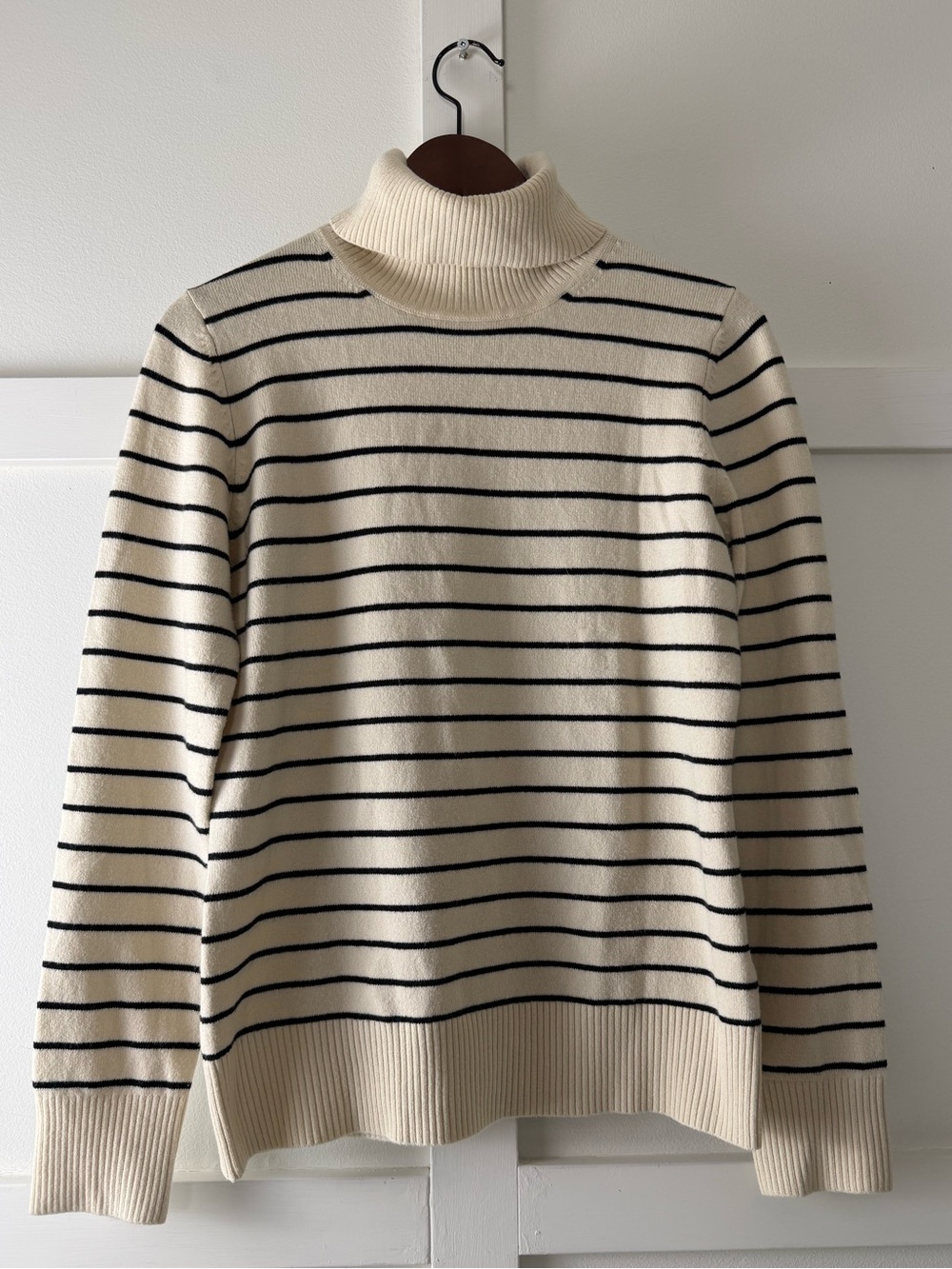 Cream and Black Striped Turtleneck Sweater